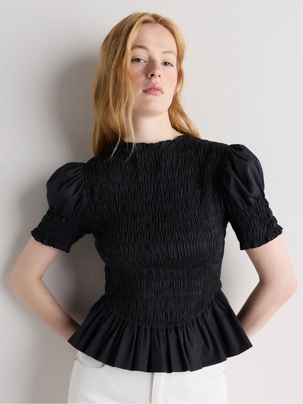 Cotton Viscose Voile Smocked Peplum Top